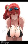  1girl azur_lane bangs bare_shoulders bikini black_bikini blush breasts cleavage closed_mouth collarbone dated goggles goggles_on_head hair_ornament hanging_breasts large_breasts leaning_forward long_hair looking_at_viewer mine_(wizard) o-ring o-ring_bikini red_hair side_ponytail sidelocks simple_background swimsuit whistle whistle_around_neck white_background yellow_eyes zara_(azur_lane) zara_(poolside_coincidence)_(azur_lane) 