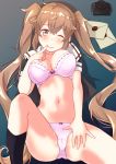  breasts brown_hair cameltoe finger_to_mouth highres kantai_collection large_breasts long_hair murasame_(kantai_collection) navel one_eye_closed partially_undressed shibaame sidelocks smile twintails very_long_hair 