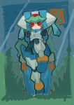  1girl absurdres armor blurry blurry_background duelmito3 forehead_jewel full_body green_hair highres looking_at_viewer mega_man_(series) mega_man_zx model_w_(mega_man) no_nose pandora_(mega_man) power_armor red_eyes solo white_armor white_footwear 