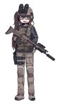  1girl black_jacket blue_eyes boots brown_footwear brown_hair brown_pants bulletproof_vest camouflage combat_helmet commission ear_protection finger_on_trigger fn_scar_17 glasses glock gloves gun handgun helmet highres holster jacket karepack laser_sight long_hair long_sleeves looking_at_viewer microphone multicolored_hair night_vision_device non-web_source open_mouth optical_sight original pants ponytail red-framed_eyewear smile solo streaked_hair suppressor thigh_holster transparent_background vertical_foregrip weapon 