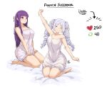  2girls barefoot bed breasts closed_eyes fern_(sousou_no_frieren) frieren jk_arts large_breasts long_hair multiple_girls nightgown pointy_ears purple_eyes purple_hair sleepwear sousou_no_frieren stretching twintails white_hair 