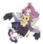  1girl :3 acerola_(pokemon) ahoge armlet closed_mouth dress full_body hair_ornament highres holding holding_pokemon kuroda_(krd_pkmn) looking_at_viewer mimikyu pokemon pokemon_(creature) pokemon_sm purple_dress purple_eyes purple_footwear purple_hair short_sleeves 