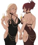  2girls aponia_(honkai_impact) ass bare_shoulders black_dress blonde_hair blue_eyes blue_nails braid breasts closed_mouth cup dress drinking_glass earrings eden_(honkai_impact) fingernails hair_between_eyes holding holding_cup holding_hands honkai_(series) honkai_impact_3rd jewelry large_breasts long_fingernails long_hair maiqo mole mole_on_breast multiple_girls red_hair simple_background smile strapless strapless_dress white_background yellow_eyes yuri 