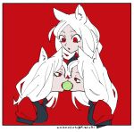  3girls animal_ears ball bangs breasts cerberus_(helltaker) dog_ears fang helltaker in_mouth long_hair mado_(mukade_tou) multiple_girls open_mouth parted_bangs red_eyes tennis_ball vest white_hair 