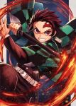  1boy belt brown_hair checkered earrings fire forehead_scar highres jewelry kamado_tanjirou katana kimetsu_no_yaiba kuroi_susumu male_focus red_eyes sheath sword uniform weapon 