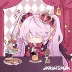  1girl chibi closed_eyes copyright_name crown eating food highres holding holding_spoon iron_saga long_hair mini_crown official_art pink_hair plate pudding second-party_source slokai_(iron_saga) spoon twintails 