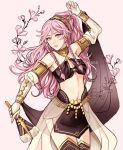  1girl bare_shoulders braid breasts bridal_gauntlets cowboy_shot dancer english_commentary fire_emblem fire_emblem_awakening fire_emblem_heroes flower hairband hand_fan highres holding holding_fan long_hair looking_at_viewer navel official_alternate_costume olivia_(fire_emblem) olivia_(performing_arts)_(fire_emblem) pink_hair pink_nails ponytail schereas small_breasts smile solo twin_braids 