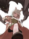  1girl animal_ear_fluff animal_ears arknights black_panties blush boots breasts brown_footwear closed_mouth dress from_below frown green_dress green_eyes grey_hair hair_intakes hand_on_own_hip highres kal&#039;tsit_(arknights) lab_coat looking_at_viewer looking_down mon3tr_(arknights) panties raneblu short_dress short_hair small_breasts solo stepped_on twitter_username underwear v-shaped_eyebrows watch white_background wristwatch 