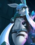 anthro black_clothing bottomwear breasts can clothing container cropped_jacket eeveelution female generation_4_pokemon glaceon hi_res hotpants looking_down midriff navel night nintendo outside pokemon pokemon_(species) rilex_lenov shorts small_breasts solo thick_thighs thigh_strap under_boob