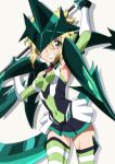  1girl akatsuki_kirika arms_up blonde_hair breasts covered_navel drop_shadow elbow_gloves gloves green_eyes green_leotard green_thighhighs grin highres holding holding_scythe keeemu_(gouf2016) leotard looking_at_viewer medium_hair microskirt scythe senki_zesshou_symphogear simple_background skirt small_breasts smile solo striped_clothes striped_thighhighs symphogear_pendant thighhighs white_background 