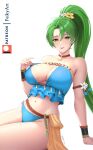  1girl arm_support bare_shoulders bikini blue_bikini breasts choker cleavage collarbone feikyart fire_emblem fire_emblem:_the_blazing_blade fire_emblem_heroes flower frills green_eyes green_hair hair_flower hair_ornament high_ponytail large_breasts leaning_to_the_side long_hair looking_at_viewer lyn_(fire_emblem) navel official_alternate_costume open_mouth parted_lips patreon_username simple_background sitting smile solo stomach swimsuit thighs very_long_hair white_background white_flower 
