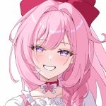  1girl blush bow braid collarbone commentary elysia_(herrscher_of_human:ego)_(honkai_impact) elysia_(honkai_impact) english_commentary hair_between_eyes hair_bow hair_intakes honkai_(series) honkai_impact_3rd long_hair looking_at_viewer nami_(tznami) pink_hair pointy_ears portrait purple_eyes red_bow shirt simple_background smile solo white_background white_shirt 