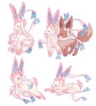  blue_eyes charamells closed_eyes commentary creature eevee english_commentary full_body gen_1_pokemon gen_6_pokemon looking_back lying no_humans on_stomach pokemon pokemon_(creature) simple_background sitting standing sylveon white_background 
