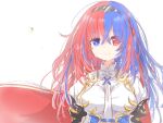 1girl alear_(female)_(fire_emblem) alear_(fire_emblem) blue_eyes blue_hair bow bowtie braid breasts charles_(me-me-moon) crossed_bangs crown_braid fire_emblem fire_emblem_engage floating_cape heterochromia large_breasts long_hair looking_at_viewer multicolored_hair red_eyes red_hair solo split-color_hair tiara white_bow white_bowtie 