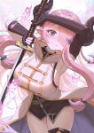  1girl 762807438 absurdres armpits arms_up black_gloves black_shirt blush breasts brown_horns bug butterfly closed_mouth coat commentary_request draph forward_facing_horns gloves granblue_fantasy highres holding holding_sword holding_weapon horns katana large_breasts looking_at_viewer multicolored_background narmaya_(granblue_fantasy) nose_blush partially_fingerless_gloves pink_butterfly pink_hair pointy_ears purple_eyes shirt solo sword upper_body weapon white_coat 