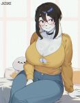  2024 5_fingers anthro bed big_breasts black_choker black_jewelry black_necklace blue_bottomwear blue_clothing blue_jeans blue_pants blush bottomwear breasts canid canine canis choker circle_eyebrows cleavage clothed clothing collarbone dark_hair denim denim_bottomwear denim_clothing digital_drawing_(artwork) digital_media_(artwork) domestic_dog eyebrows eyewear female fingers floppy_ears front_view fur furniture glasses halftone hi_res huge_breasts hunting_dog jeans jewelry jxzuke long_ears mammal mixed_breed mochi_(jxzuke) mouth_closed necklace on_bed pants plushie portrait red_eyewear red_glasses scent_hound shiba_inu shirt sitting sitting_on_bed smile solo spitz thick_thighs three-quarter_portrait topwear white_body white_ears white_face white_fur yellow_clothing yellow_shirt yellow_topwear 