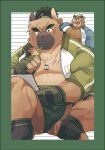 absurd_res anthro ashigara_(tas) asian_clothing bear belly brown_body brown_fur bulge canid canine canis clothing domestic_dog duo east_asian_clothing fingerless_gloves fur gloves green_hair hair handwear hi_res japanese_clothing lifewonders male mammal mawashi musclegut muscular pecs sawch_cls scar tokyo_afterschool_summoners yasuyori_(tas)