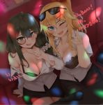  2girls ahoge bababababan bare_shoulders black_bra black_skirt blue_eyes blush bra breasts cleavage collarbone commentary_request eyewear_on_head fang girls_frontline green_bra hair_between_eyes hair_ornament helianthus_(girls_frontline) highres kalina_(girls_frontline) large_breasts long_hair long_sleeves looking_at_viewer monocle multiple_girls open_mouth ponytail shirt skin_fang skirt sunglasses underwear w white_shirt 