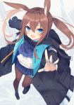  1girl :d amiya_(arknights) animal_ears arknights ascot black_jacket blue_eyes blue_skirt brown_hair brown_legwear bunny_ears foreshortening from_above hair_between_eyes hood hood_down hooded_jacket jacket jewelry long_hair long_sleeves looking_at_viewer miniskirt multiple_rings nibiiro_shizuka open_clothes open_jacket open_mouth pantyhose pleated_skirt ponytail ring shirt shoes skirt smile solo white_background white_shirt 