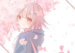  1girl cherry_blossoms closed_mouth danganronpa_(series) danganronpa_2:_goodbye_despair from_side green_jacket highres hood hood_down jacket kari_(nanasidane) light_brown_hair looking_at_viewer looking_to_the_side medium_hair nanami_chiaki petals pink_eyes shirt simple_background smile solo spaceship_hair_ornament white_background white_shirt 