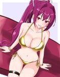  1girl bikini blush breasts cleavage gold_bikini gold_bracelet hair_intakes hair_ribbon highres large_breasts long_hair looking_at_viewer navel ponytail purple_hair red_eyes ribbon roy_rx smile solo swimsuit under_night_in-birth very_long_hair yuzuriha_(under_night_in-birth) 