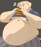 2023 absurd_res anthro areola beastars belly big_belly big_moobs biped bird_dog blue_clothing blue_shirt blue_topwear bottomwear brown_eyes bulge burger canid canine canis clothing digital_drawing_(artwork) digital_media_(artwork) domestic_dog eating food fur hi_res huge_belly hunting_dog ill_fitting_clothing jack_(beastars) labrador male mammal messy_eater moobs mosin navel nipples obese obese_anthro obese_male overweight overweight_anthro overweight_male retriever shirt simple_background sitting solo tan_body tan_fur topwear