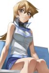  1girl blue_skirt breasts brown_eyes brown_hair cowboy_shot highres jacket large_breasts long_hair miniskirt rourou_ill simple_background sitting skirt sleeveless sleeveless_jacket solo tenjouin_asuka white_background white_jacket yu-gi-oh! yu-gi-oh!_gx 