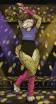 80&#039;s_theme anthro clothed clothing club dancing golden_star happy hi_res hyena legwear male mammal marsminer smile solo stockings