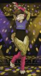  80&#039;s_theme anthro clothed clothing club dancing golden_star happy hi_res hyena legwear male mammal marsminer smile solo stockings 
