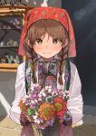  1girl basket blush bouquet braid brown_eyes brown_hair flower head_scarf highres holding holding_bouquet long_hair long_sleeves looking_at_viewer neko_(hansinn) original solo twin_braids 