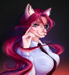 allskyart anthro blue_clothing blue_eyes canid canine clothing eyewear female fox fur glasses hair hi_res long_hair mammal necktie office_lady pink_body pink_fur red_hair shirt simple_background smile smiling_at_viewer solo topwear