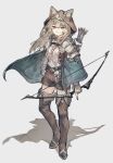  1girl :3 absurdres animal_ears armor arrow_(projectile) bow_(weapon) breasts brown_shorts cape cat_ears cat_girl cleavage collared_shirt fang full_body green_cape hand_on_own_hip highres holding holding_bow_(weapon) holding_weapon hood light_brown_hair long_hair long_sleeves looking_at_viewer medium_breasts original pauldrons quiver red_eyes shadow shirt shorts shoulder_armor sideless_shirt simple_background solo standing thighhighs weapon yanyan_(shinken_gomi) 