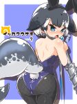  1girl animal_ears ass black_pantyhose blowhole blue_eyes blue_leotard blush bow cetacean_tail dress drillhorn_sword fake_animal_ears fake_tail fins fish_tail fishnet_pantyhose fishnets from_behind grey_hair hair_bow highleg highleg_leotard highres kemono_friends kemono_friends_3 leotard looking_at_viewer multicolored_hair narwhal_(kemono_friends) pantyhose playboy_bunny rabbit_ears rabbit_tail short_hair short_hair_with_long_locks solo strapless strapless_leotard tail white_hair wonderful_waon 