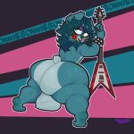 absurd_res anthro balls big_butt blue_body blue_fur blue_hair butt catboyz digital_media_(artwork) english_text five_nights_at_freddy&#039;s five_nights_at_freddy&#039;s_2 fur genitals green_eyes guitar hair hi_res holding_object lagomorph leporid looking_at_viewer looking_back male mammal musical_instrument nude open_mouth plucked_string_instrument presenting presenting_hindquarters rabbit scottgames simple_background smile solo string_instrument tail text thick_thighs toy_bonnie_(fnaf)