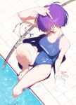  1girl arm_support bare_shoulders barefoot blue_one-piece_swimsuit breasts caustics cleavage closed_mouth facing_viewer hair_over_one_eye hand_on_own_hip highres knee_up looking_up mara_(raneblu) medium_breasts one-piece_swimsuit ootachi original pool purple_hair raneblu school_swimsuit shadow short_hair sitting soaking_feet solo swimsuit tongue tongue_out water wet 