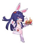  1girl ;d animal_ear_fluff animal_ears animal_hands bare_shoulders bell black-framed_eyewear blue_eyes blue_hair blush burger chibi cup disposable_cup drinking_straw fake_animal_ears food french_fries full_body fur-trimmed_gloves fur_trim glasses gloves heart heart-shaped_pupils highres holding holding_tray honkai:_star_rail honkai_(series) jingle_bell long_hair navel neck_bell one_eye_closed pantyhose paw_gloves pela_(honkai:_star_rail) rabbit_ears rabbit_tail revealing_clothes round_eyewear semi-rimless_eyewear simple_background smile solo standing standing_on_one_leg symbol-shaped_pupils tail tray tsubasa_tsubasa under-rim_eyewear very_long_hair white_background white_gloves white_pantyhose 