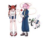  4girls alternate_costume animal_ears black_footwear black_hair black_hairband blue_pants blue_shorts braid cat_ears cat_girl commentary cup extra_ears full_body green_hair gym_uniform hairband heart highres holding holding_cup kaenbyou_rin kakigoori_(xm3lz) komeiji_koishi komeiji_satori long_hair multiple_girls nekomata pants pink_eyes pink_hair red_eyes red_footwear red_hair reiuji_utsuho shirt shorts simple_background standing third_eye touhou twin_braids white_background white_shirt 