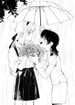  2girls absurdres blush bouquet closed_mouth female_admiral_(kancolle) flower from_side greyscale hakama hakama_skirt headband highres holding holding_bouquet holding_umbrella hoshi_(liujingxing333) jacket japanese_clothes kantai_collection kimono long_hair long_sleeves monochrome multiple_girls open_mouth outdoors pencil_skirt profile rain shoukaku_(kancolle) skirt tasuki umbrella wide_sleeves yuri 