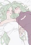  2girls bare_shoulders bed_sheet blush breasts byleth_(female)_(fire_emblem) byleth_(fire_emblem) cleavage_cutout closed_mouth clothing_cutout commentary_request dress enlightened_byleth_(female) fire_emblem fire_emblem:_three_houses green_eyes green_hair highres holding_hands ikarin large_breasts long_hair lying multiple_girls on_back parted_lips pointy_ears rhea_(fire_emblem) short_sleeves very_long_hair white_dress yuri 