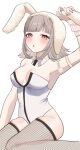  1girl :o animal_hood arm_strap arm_up armpits black_leotard blush breasts brown_hair danganronpa_(series) danganronpa_2:_goodbye_despair fishnet_thighhighs fishnets highres hood large_breasts leotard medium_hair mi_(hege2223) mole mole_on_breast nanami_chiaki official_alternate_costume playboy_bunny rabbit_hood shiny_skin sitting solo thighhighs white_leotard 