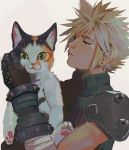  blonde_hair calico_cat cloud_strife domestic_cat ear_piercing ear_ring felid feline felis feral final_fantasy final_fantasy_vii green_eyes hair human human_focus male mammal mottled pawpads pet piebald piercing square_enix uzucake video_games 