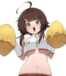  1girl absurdres ahoge blue_eyes blush brown_hair cheerleader counter:side crop_top flasso gloves hair_ornament hairclip highres long_hair looking_at_viewer navel open_mouth pom_pom_(cheerleading) shirt simple_background solo stomach white_background white_gloves white_shirt yang_harim 