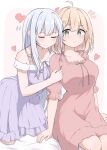  2girls absurdres ahoge anisphia_wynn_palettia bare_arms bare_shoulders blonde_hair blush closed_eyes closed_mouth commentary dress euphyllia_magenta heart highres kneeling long_hair medium_hair multiple_girls nuzzle off-shoulder_dress off_shoulder on_bed pajamas pink_dress purple_dress short_sleeves simple_background sitting smile tensei_oujo_to_tensai_reijou_no_mahou_kakumei tomakecha white_background white_hair yuri 