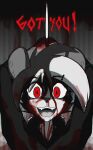 2024 absurd_res anthro blood blood_on_face bodily_fluids clothed clothing female fur gore hair hi_res hyena knife looking_at_viewer mammal observerdoz open_mouth red_eyes simple_background solo stigmata_(observerdoz) teeth text 