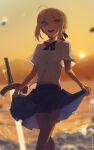  1girl ahoge artoria_pendragon_(fate) backlighting blonde_hair boa_(brianoa) braid breasts fate/stay_night fate_(series) french_braid green_eyes hair_bun highres long_hair looking_at_viewer open_mouth saber_(fate) sidelocks small_breasts smile solo sword weapon 