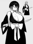 2024 anthro big_breasts bleach_(series) breasts canid canine canis circle_eyebrows cosplay dark_hair digital_media_(artwork) domestic_dog eyebrows eyewear female floppy_ears front_view glasses halftone holding_katana holding_melee_weapon holding_object holding_sword holding_weapon huge_breasts hunting_dog jxzuke long_ears mammal melee_weapon mixed_breed mochi_(jxzuke) monochrome mouth_closed narrowed_eyes portrait rangiku_matsumoto rangiku_matsumoto_cosplay rectangular_glasses scent_hound shiba_inu simple_background solo spitz sword weapon white_background