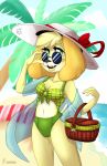  animal_crossing anthro beach bikini canid canine canis clothing domestic_dog eyewear female gingerbreadarts hi_res isabelle_(animal_crossing) looking_at_viewer mammal nintendo seaside solo sun sunglasses swimwear video_games zombikiss 