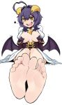  1girl ahoge barefoot breasts corset demon_horns feet foot_focus full_body hair_between_eyes heart heart_ahoge highres horns large_breasts low_wings magia_baiser mahou_shoujo_ni_akogarete open_mouth pasties purple_corset purple_hair short_hair shrug_(clothing) signature simple_background sitting smile softhanten soles solo star-shaped_pupils star_(symbol) star_pasties symbol-shaped_pupils teeth toes upper_teeth_only white_background wings yellow_eyes 