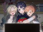  3girls :o ^_^ aqua_eyes bedroom blonde_hair blue_eyes blue_hair blue_ribbon blue_shirt blue_sweater blurry blurry_foreground blush brown-framed_eyewear brown_jacket closed_eyes commentary crossed_bangs dark_blue_hair fang gradient_hair grey_jacket hair_ornament hair_ribbon hairclip high_ponytail highres hinoshita_kaho in-universe_location jacket kyaku_tasu laughing light_blue_hair link!_like!_love_live! long_hair long_sleeves love_live! low_twintails medium_hair mole mole_on_neck multicolored_hair multiple_girls murano_sayaka official_alternate_costume official_alternate_hairstyle orange_hair osawa_rurino parted_bangs peanut_mouth rabbit_hair_ornament ribbon scared shirt short_hair sidelocks sleeves_past_wrists stuffed_tomato stuffed_toy surprised sweater tearing_up tomato translation_request trembling twintails virtual_youtuber watching_television 