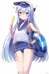  1girl anchor_symbol aroa_(aroamoyasi) artist_name blue_eyes blue_hair blue_sailor_collar blush eyebrows_visible_through_hair food hair_between_eyes hand_on_hip hibiki_(kantai_collection) holding holding_food kantai_collection long_hair looking_at_viewer popsicle sailor_collar school_swimsuit simple_background solo swimsuit swimsuit_under_clothes thighs very_long_hair visor_cap white_background 